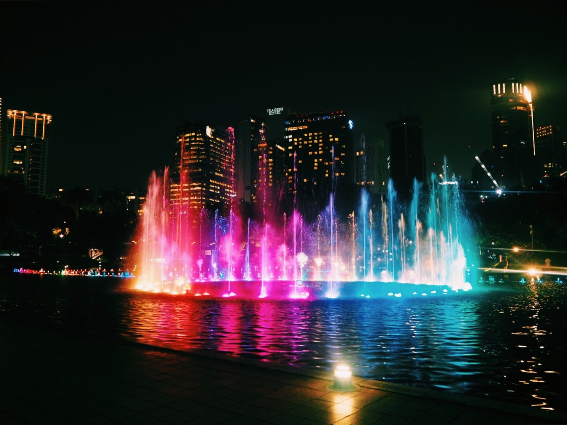 Colourful fountain show outside the Petronas Towers in Kuala Lumpur